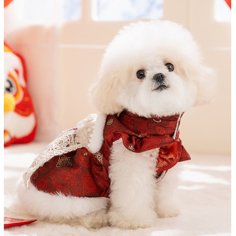 HKM-6312509 Luxury Red Qipao Pet Dress with Lace and Faux Fur Trim for Lunar New Year Celebrations
