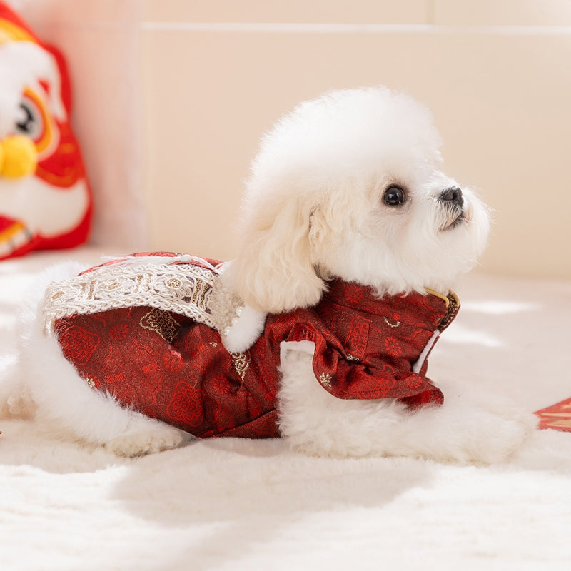 HKM-6312509 Luxury Red Qipao Pet Dress with Lace and Faux Fur Trim for Lunar New Year Celebrations