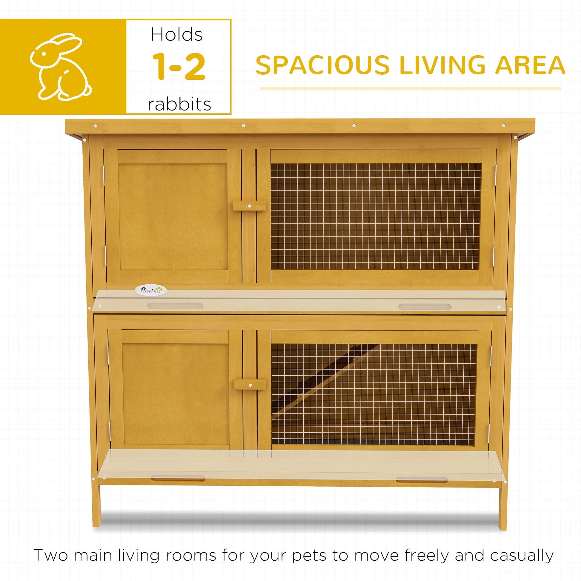 HKM-6317373 Wooden Indoor/Outdoor Yellow Rabbit Hutch with Ramp and Waterproof Roof