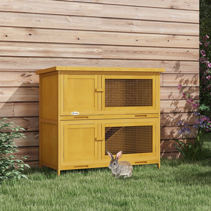 HKM-6317373 Wooden Indoor/Outdoor Yellow Rabbit Hutch with Ramp and Waterproof Roof