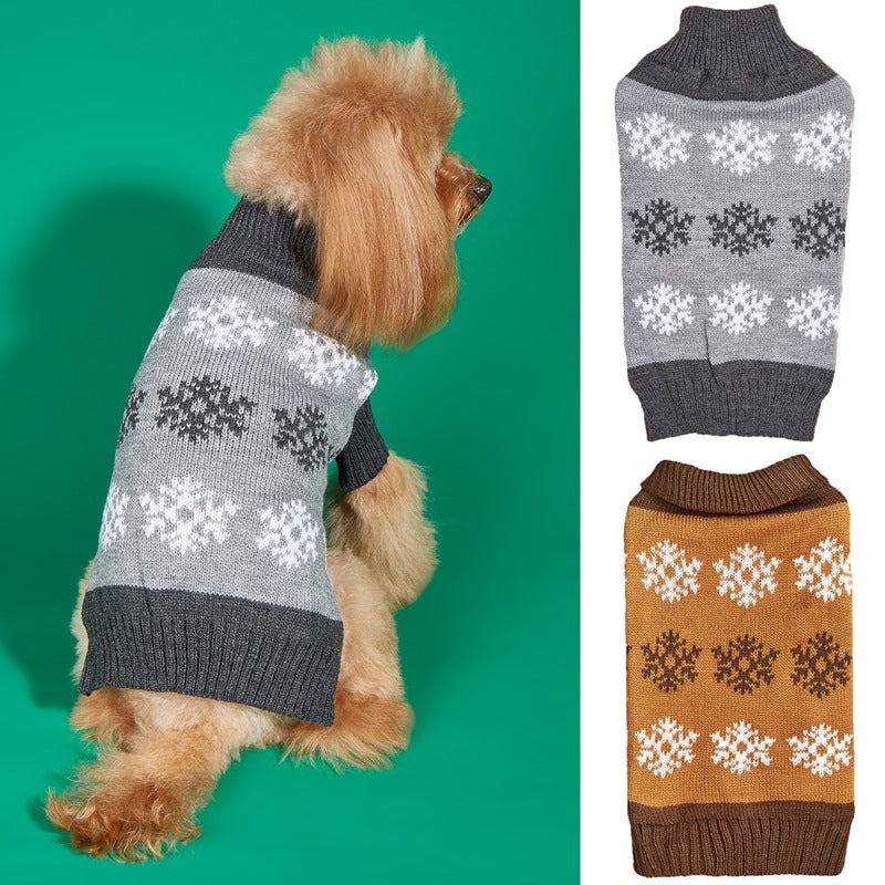 HKM-632019 Cozy Gray and Dark Brown Snowflake Dog Sweater for Holiday Celebrations