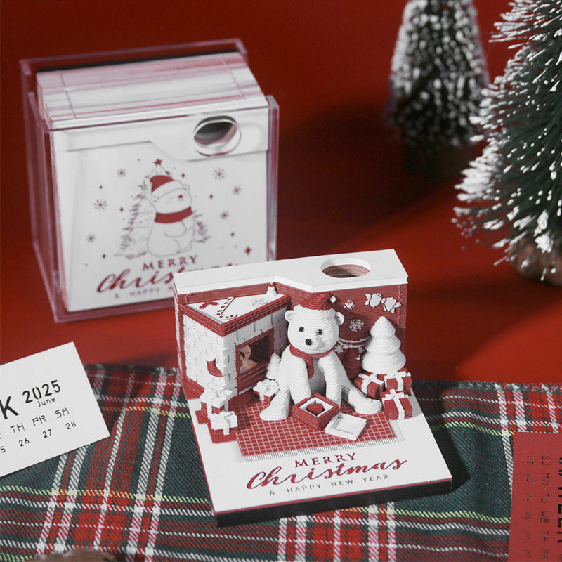 HKM-632211 Christmas Three-Dimensional Paper Carving Calendar with White Bear Design, 8cm x 8cm x 4.8cm, 175 Note Pages