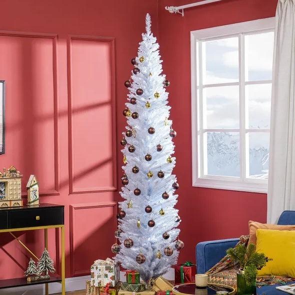HKM-632723 8' White Artificial Pencil Christmas Tree with 618 Branch Tips and Plastic Stand