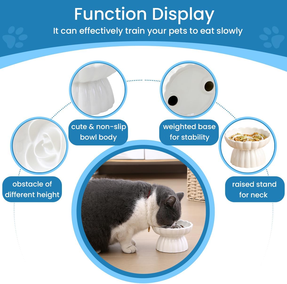 HKM-6331197 Elevated Ceramic Slow Feed Bowl for Cats and Small Dogs, Flower Pool Design with Raised Edges