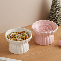 HKM-6331197 Elevated Ceramic Slow Feed Bowl for Cats and Small Dogs, Flower Pool Design with Raised Edges