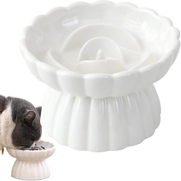 HKM-6331197 Elevated Ceramic Slow Feed Bowl for Cats and Small Dogs, Flower Pool Design with Raised Edges