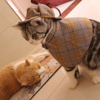 HKM-6333373 Detective Style Pet Cloak and Hat Set for Dogs and Cats in Khaki Plaid, Casual Fit