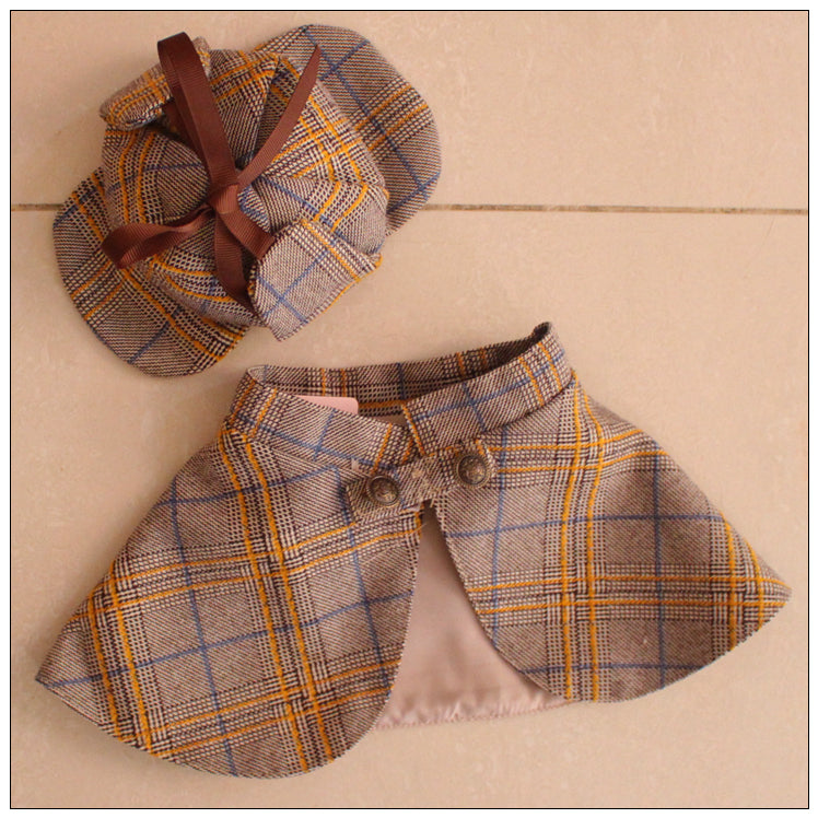 HKM-6333373 Detective Style Pet Cloak and Hat Set for Dogs and Cats in Khaki Plaid, Casual Fit