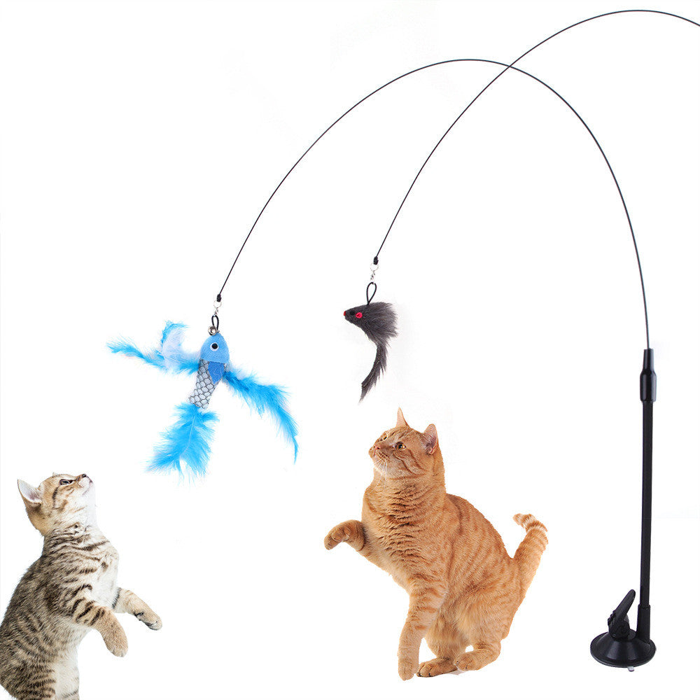 HKM-6335805 Multi-Head Replaceable Cat Teaser with Sucker - Steel Wire Pet Toy in Various Colors