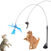 HKM-6335805 Multi-Head Replaceable Cat Teaser with Sucker - Steel Wire Pet Toy in Various Colors