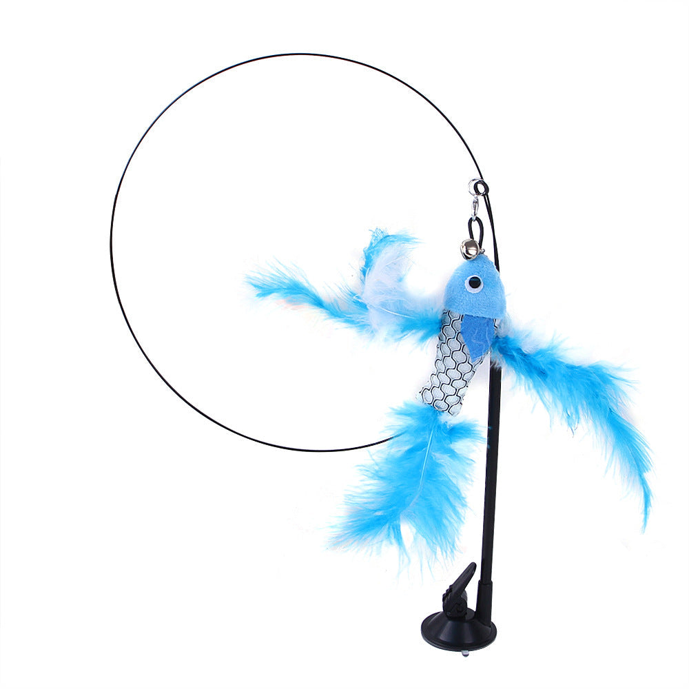 HKM-6335805 Multi-Head Replaceable Cat Teaser with Sucker - Steel Wire Pet Toy in Various Colors