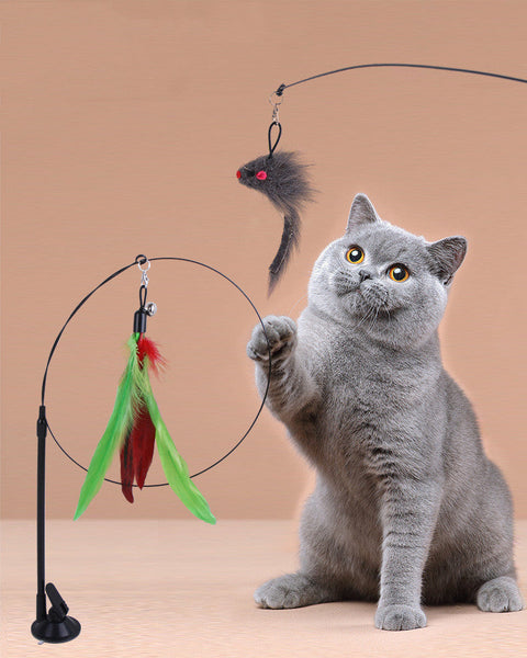 HKM-6335805 Multi-Head Replaceable Cat Teaser with Sucker - Steel Wire Pet Toy in Various Colors