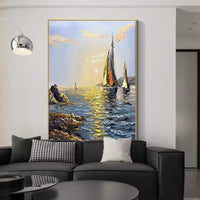 HKM-633683 Handmade Oil Painting - Sea Boat Landscape Canvas Art for Living Room Decor (Unframed)