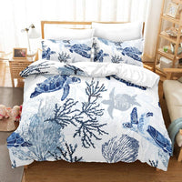 HKM-633747 Retro Sea Turtle Duvet Cover Set in Polyester - Floral Nautical Design (Three or Four Pieces Available)