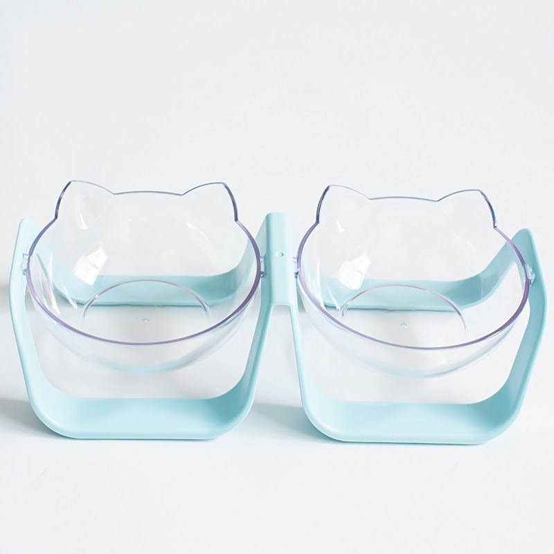 HKM-6340925 Tilted Cat Bowls - Single & Double Options in Blue or White for Comfortable Feeding