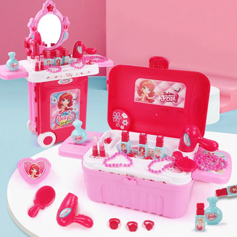 HKM-634195 3-in-1 Pretend Play Trolley Suitcase with Doctor and Makeup Toy Set for Girls