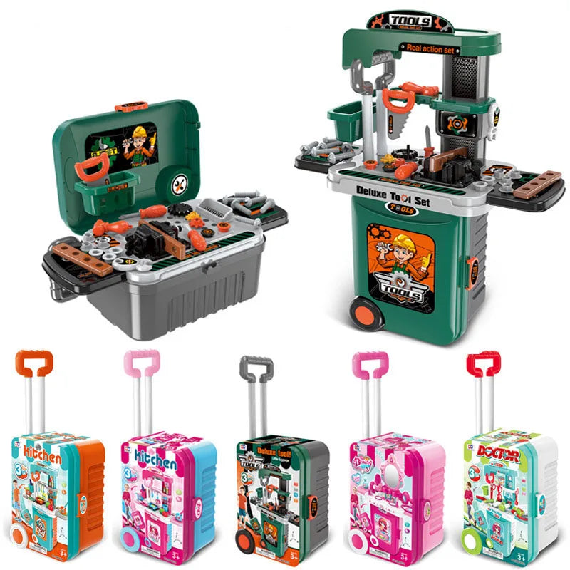HKM-634195 3-in-1 Pretend Play Trolley Suitcase with Doctor and Makeup Toy Set for Girls