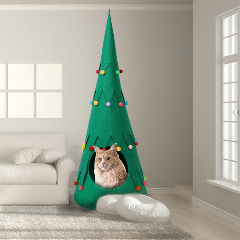 HKM-634259 Foldable Semi-closed Pet Tent for Cats and Dogs - Green Cloth Christmas Tree Design