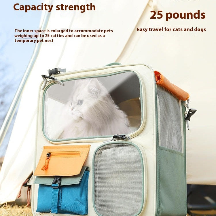 HKM-6342973 Portable Outdoor Cat Backpack - Medium-Sized Pet Carrier in Beige & Green, 45L Capacity, Oxford Material