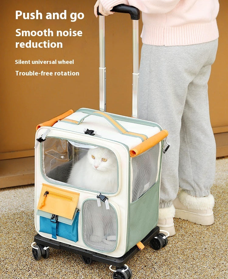 HKM-6342973 Portable Outdoor Cat Backpack - Medium-Sized Pet Carrier in Beige & Green, 45L Capacity, Oxford Material