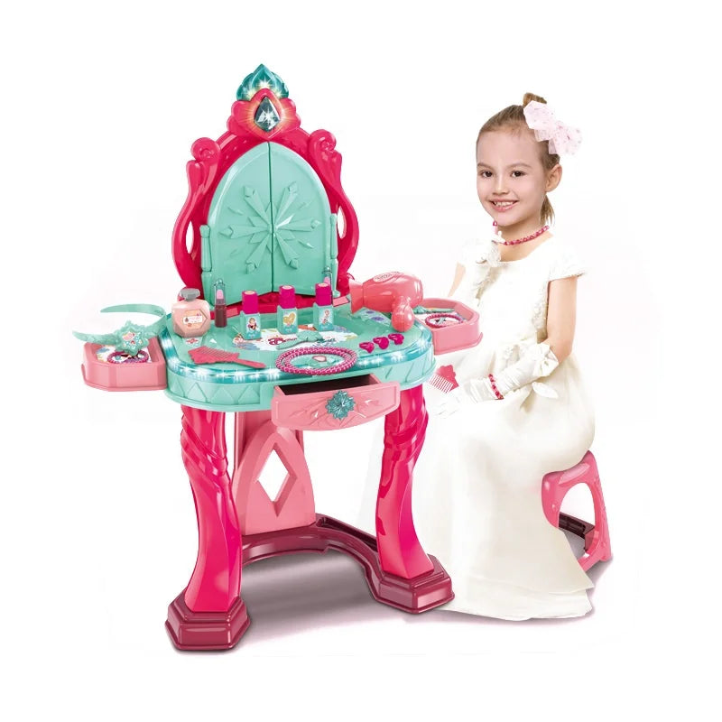 HKM-634579 Beauty Mirror Playset with Light & Sound - Double Door Dressing Table with Chair for Kids