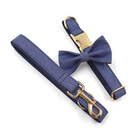 HKM-6346301 Deep Denim Pet Collar and Leash Set with Gold Buckle and Bow Tie