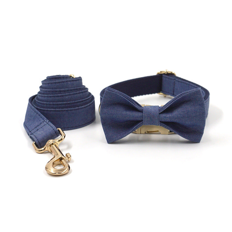 HKM-6346301 Deep Denim Pet Collar and Leash Set with Gold Buckle and Bow Tie