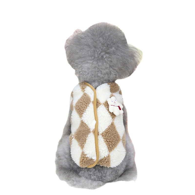 HKM-6350653 Plush Checkerboard Pet Vest for Cats and Dogs - Warm Autumn Winter Cotton Coat in Brown and Black