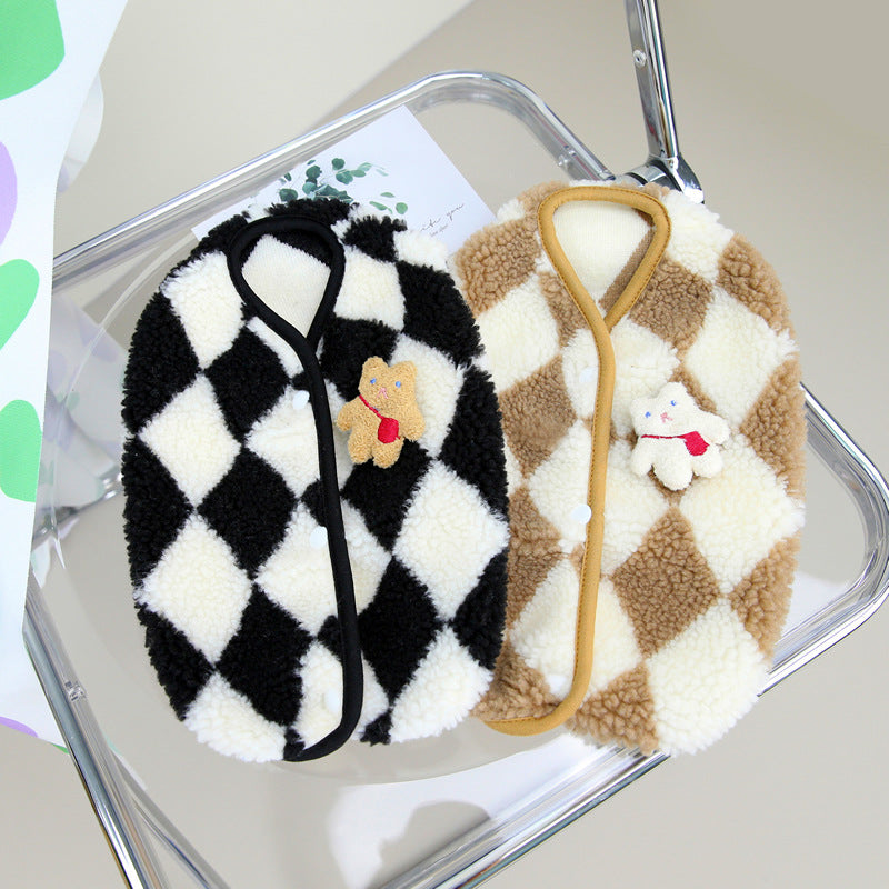 HKM-6350653 Plush Checkerboard Pet Vest for Cats and Dogs - Warm Autumn Winter Cotton Coat in Brown and Black