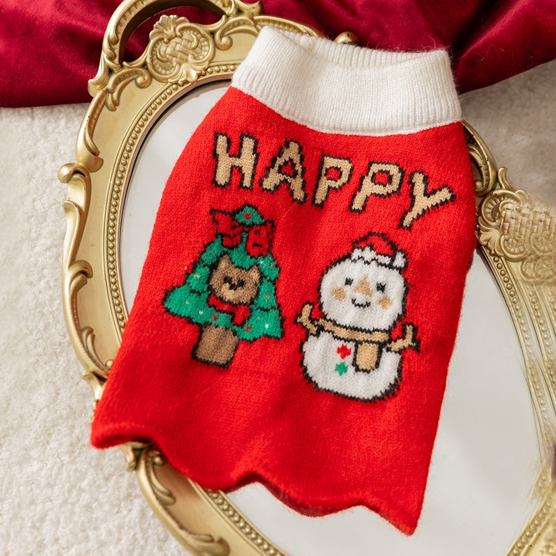 HKM-6351037 Festive Knitted Dog Sweater with Snowman and Christmas Bear Design