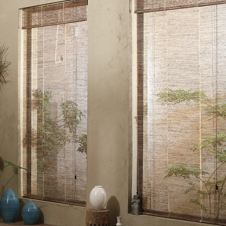 HKM-635603 Japanese Ramie Roller Blind for Tea Rooms - Semi-Shading, Plain Beige Design, Available in Multiple Widths