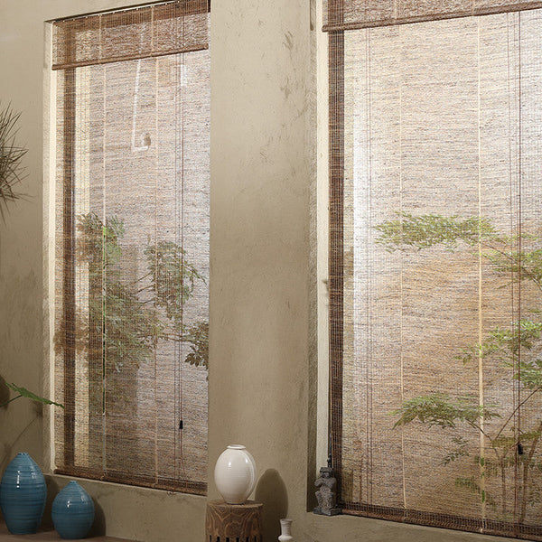 HKM-635603 Japanese Ramie Roller Blind for Tea Rooms - Semi-Shading, Plain Beige Design, Available in Multiple Widths