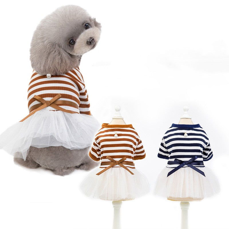 HKM-6359613 Cotton Skirt Dress for Small Female Dogs in Coffee and Dark Blue