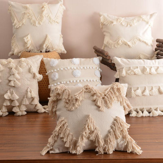 HKM-636179 Moroccan Style Cotton Tassel Cushion Pillow with Removable Cover - 45x45cm