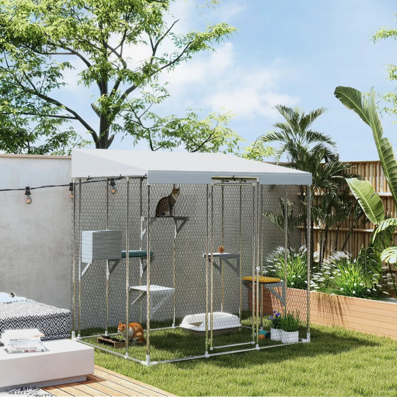 HKM-6369213 Spacious Galvanized Steel Catio with Waterproof Canopy and Jumping Platforms for 1-3 Kittens