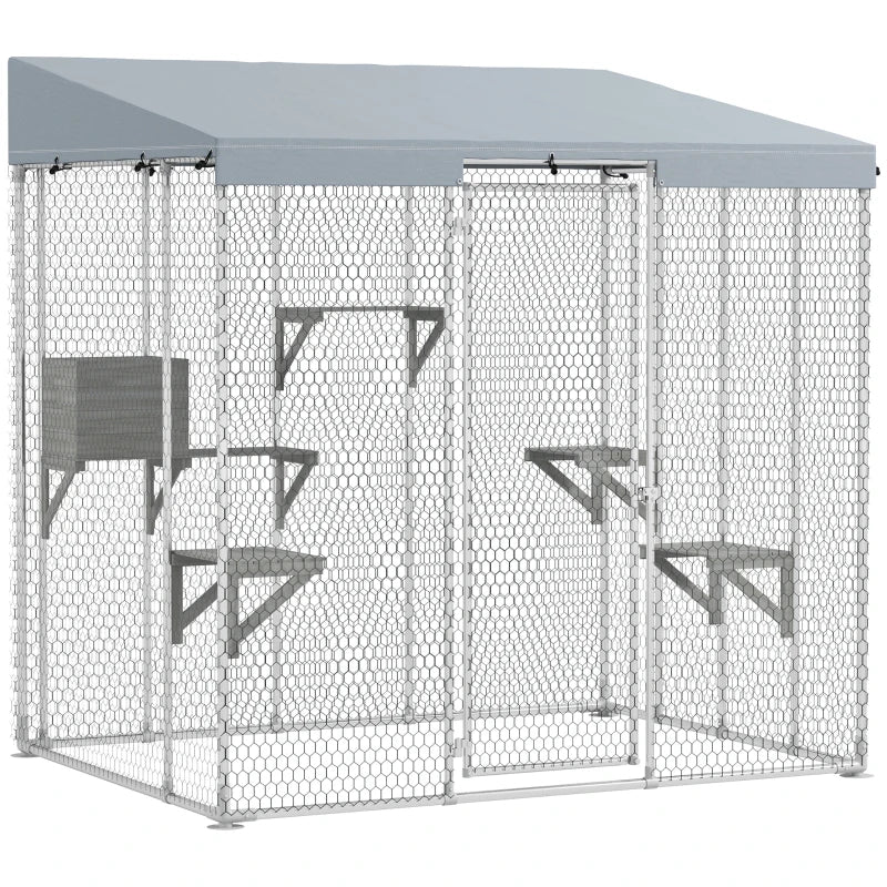 HKM-6369213 Spacious Galvanized Steel Catio with Waterproof Canopy and Jumping Platforms for 1-3 Kittens