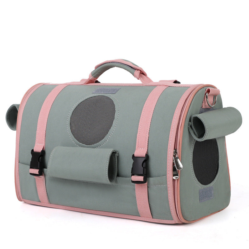 HKM-6369981 Portable Canvas Pet Backpack for Dogs and Cats - Four Seasons Travel Design in Beige and Green, Medium Hardness