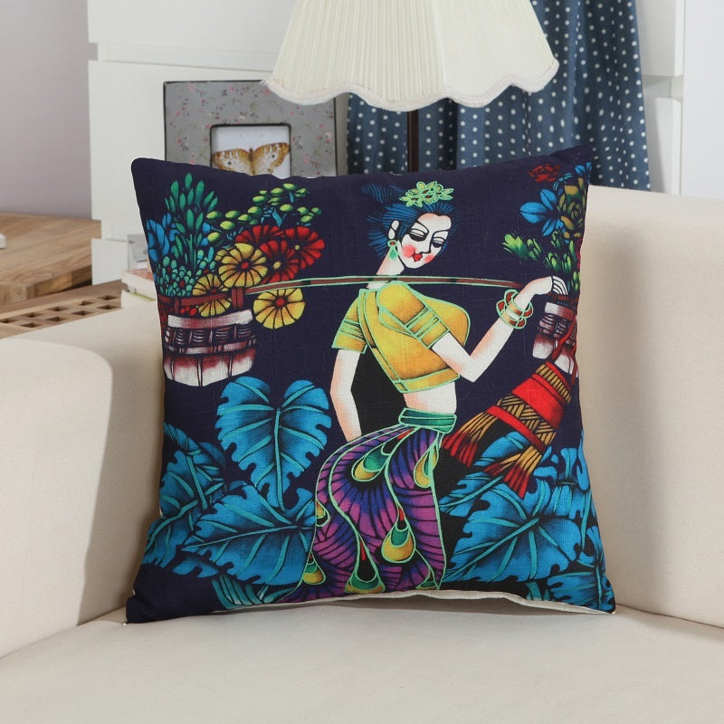 HKM-637267 National Style Linen Character Pillow Case - 45 x 45 cm Cushion Cover
