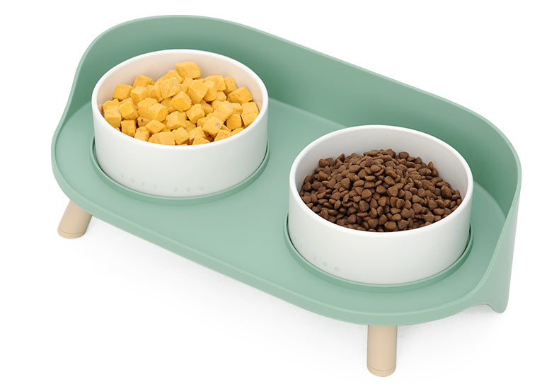 HKM-6373693 Moon Half Double Cat and Small Dog Bowl - Ceramic Design in Gray-Green & Milky White