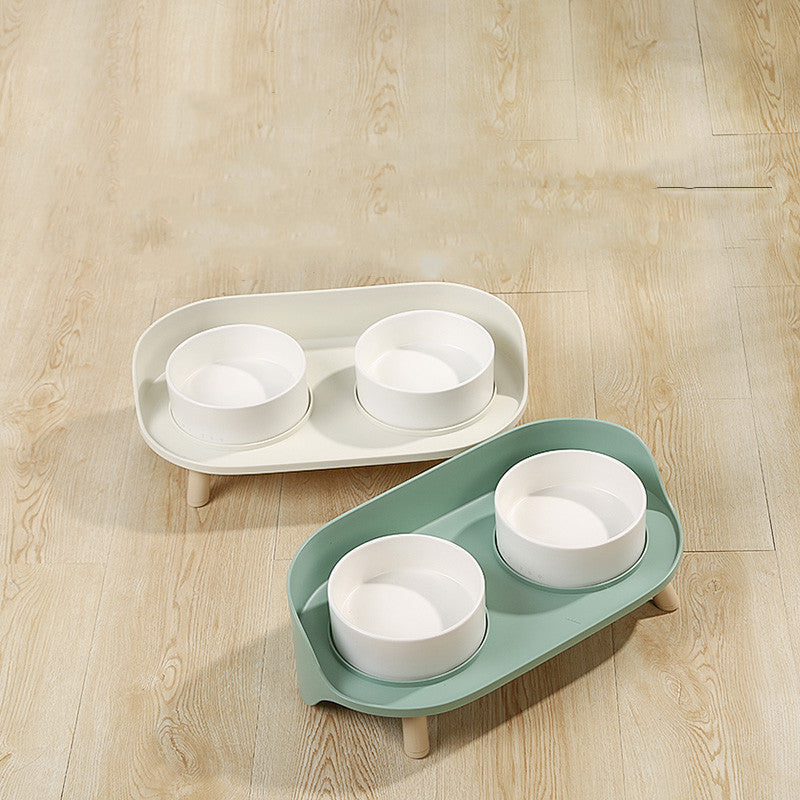 HKM-6373693 Moon Half Double Cat and Small Dog Bowl - Ceramic Design in Gray-Green & Milky White