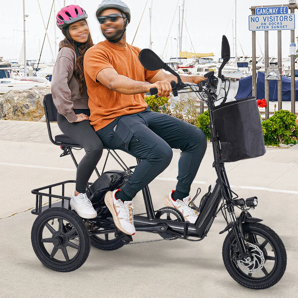 HKM-637395 Folding Electric Scooter with 350W/500W Peak Motor, 480Wh Removable Battery, 2-Seat Design, Large Basket, Black