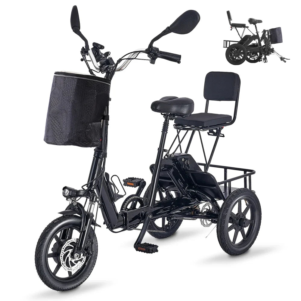 HKM-637395 Folding Electric Scooter with 350W/500W Peak Motor, 480Wh Removable Battery, 2-Seat Design, Large Basket, Black