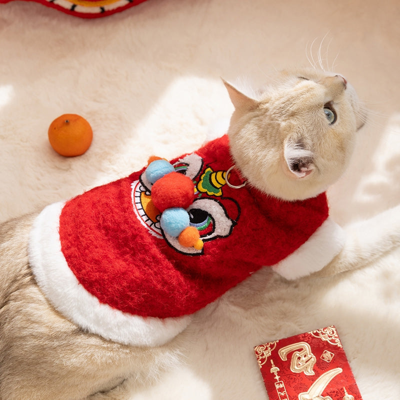 HKM-6378045 Festive 3D Lion Dance Sweater for Pets - Cozy Cotton-Padded Design with Leash Ring