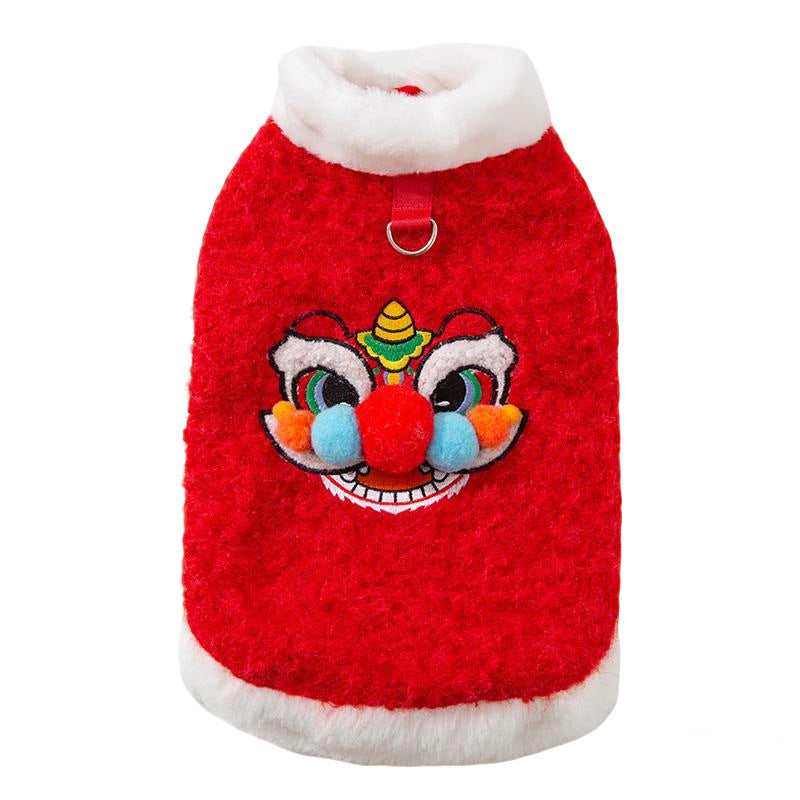 HKM-6378045 Festive 3D Lion Dance Sweater for Pets - Cozy Cotton-Padded Design with Leash Ring