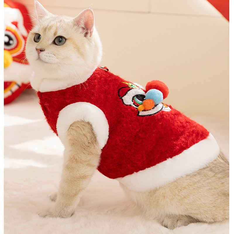 HKM-6378045 Festive 3D Lion Dance Sweater for Pets - Cozy Cotton-Padded Design with Leash Ring