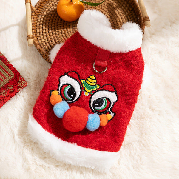 HKM-6378045 Festive 3D Lion Dance Sweater for Pets - Cozy Cotton-Padded Design with Leash Ring