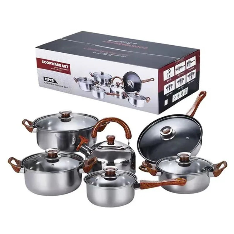 HKM-637907 12-Piece Stainless Steel Casserole Cookware Set with Nonstick Pots and Pans