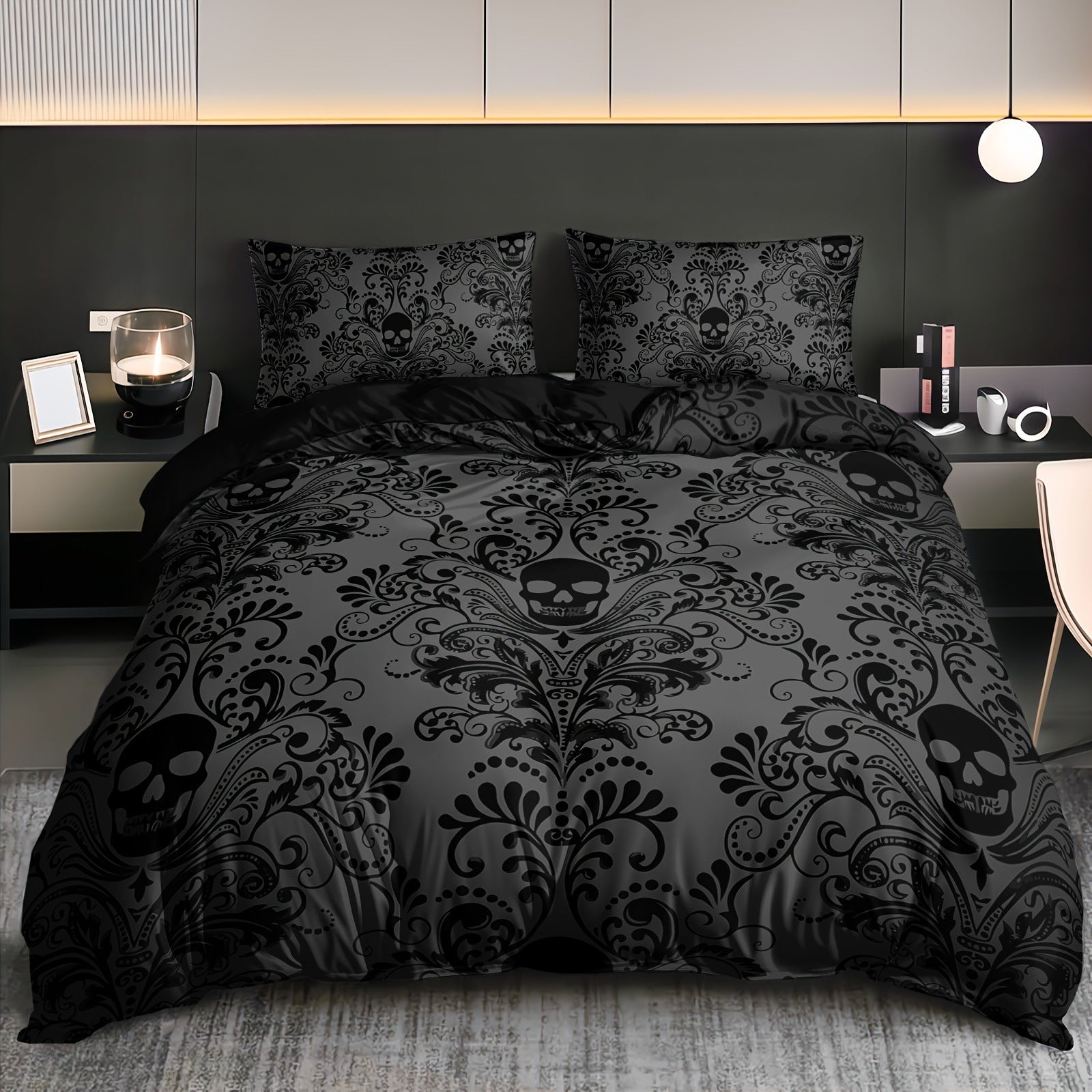 HKM-638355 Black Flower Skull Digital Printed Bedding Set - Available in Multiple Sizes