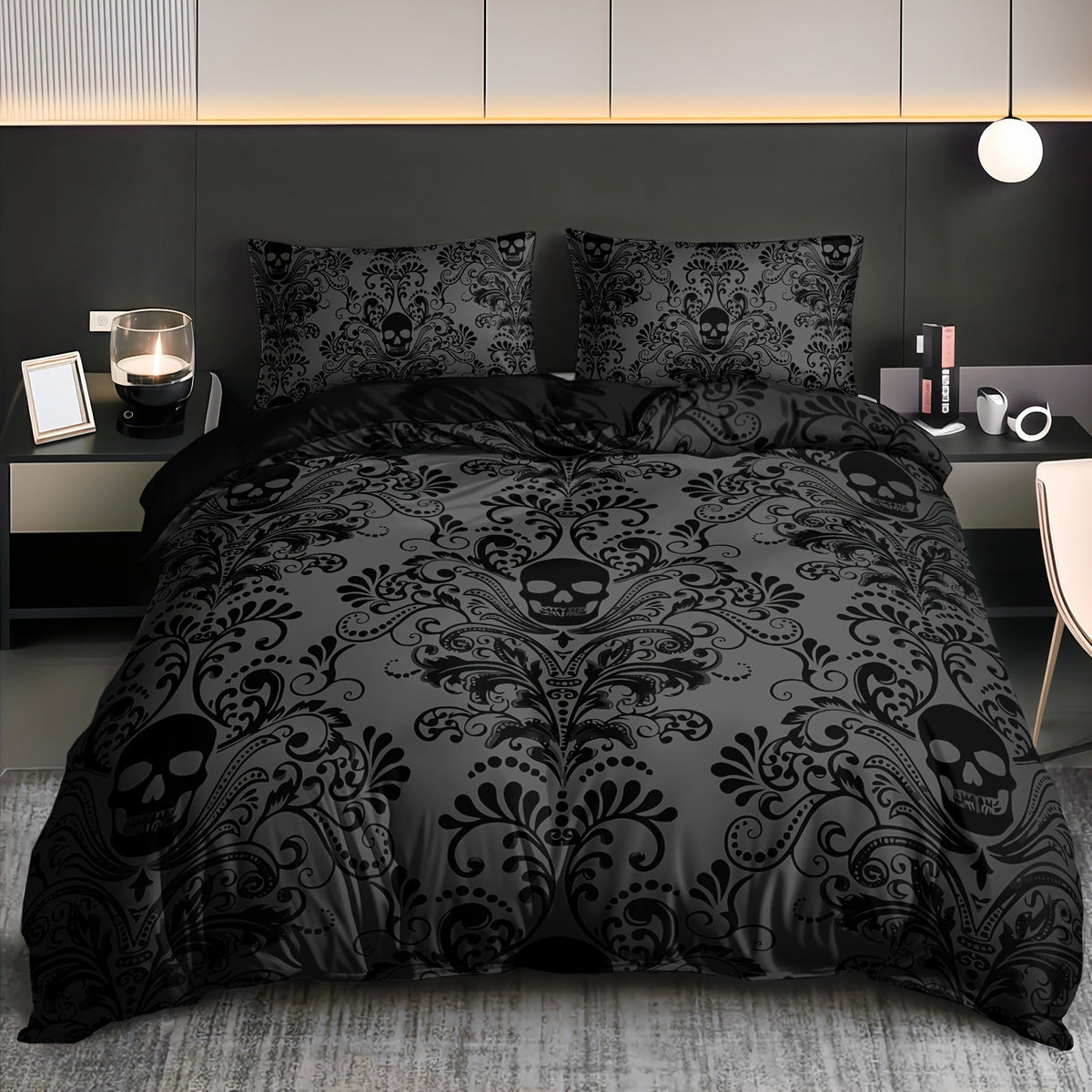 HKM-638355 Black Flower Skull Digital Printed Bedding Set - Available in Multiple Sizes