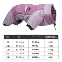 HKM-6383805 Reflective Cotton Dog Jacket in Tulip Pink, Tea Green, Violet Purple, Blue - Sizes XL to 5XL